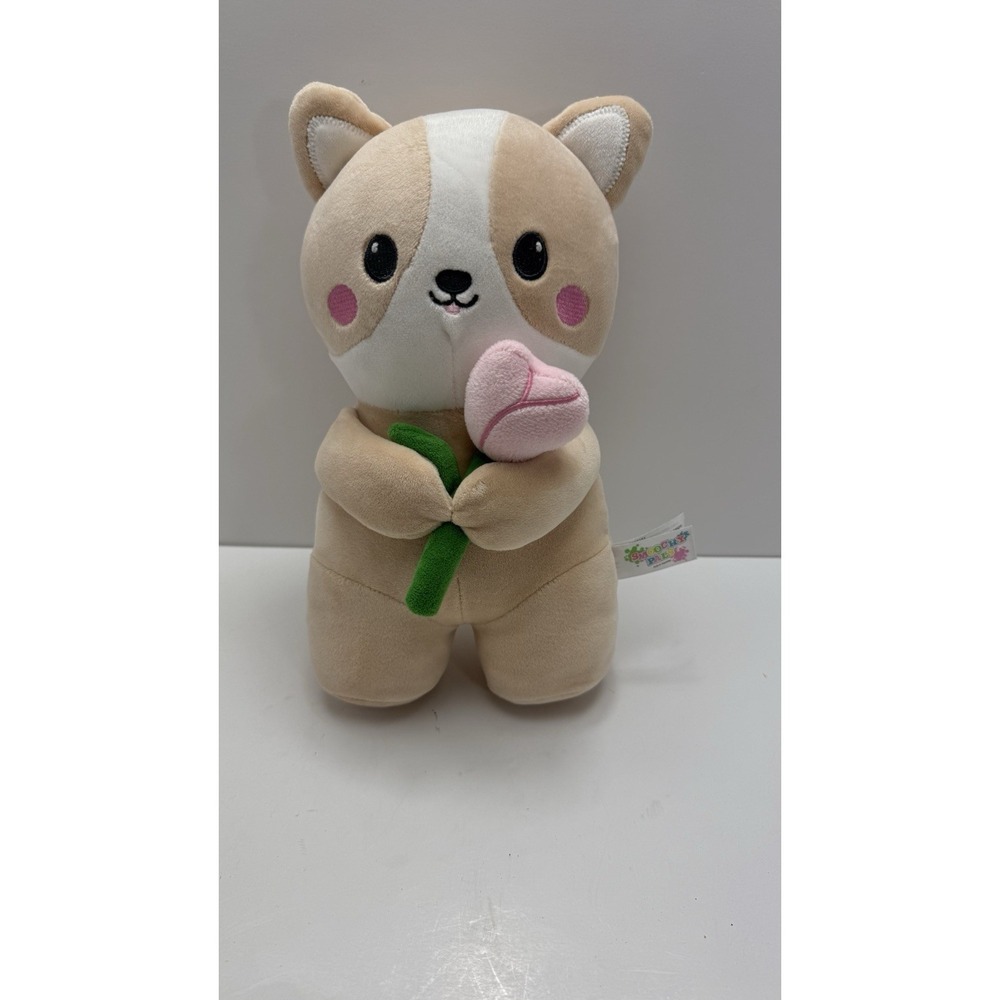 Smoochy Pals Corgi Plush w/ Pink Heart Tulip Flower Soft Squishy 10" Stuffed Toy